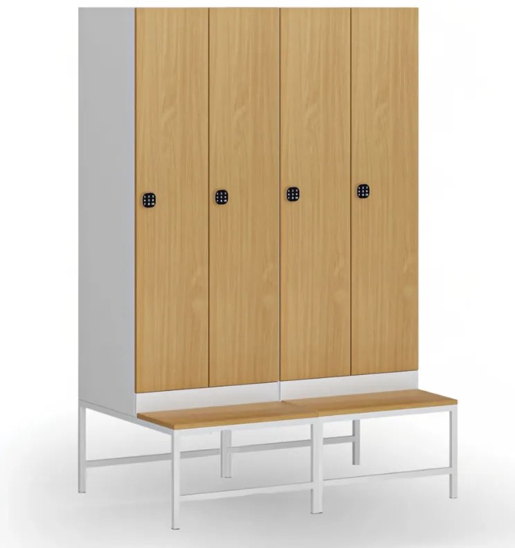 Šatníková skrinka S1 s lavičkou, 2 oddiely, 1875 x 600 x 500/800 mm, demont, kódový zámok, laminované dvere, orech