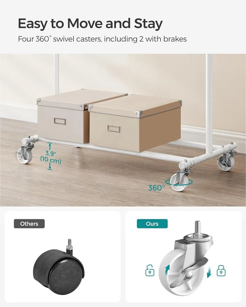 Stojan na šaty s kolieskami, nosnosť 100 kg, biely