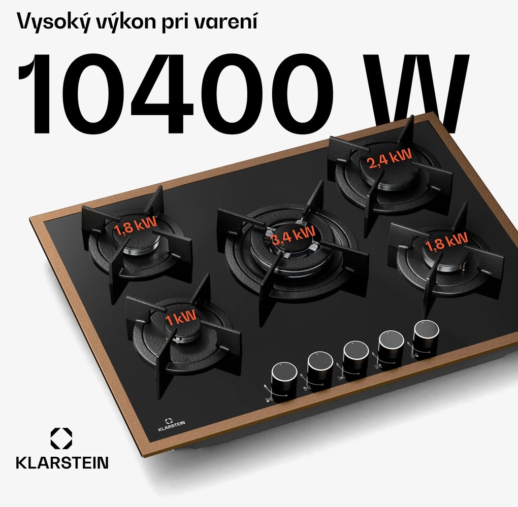 Klarstein Lumiflame plynová varná doska, 5 horákov, medený rám, elektrické zapaľovanie, výkon 10,4 kW