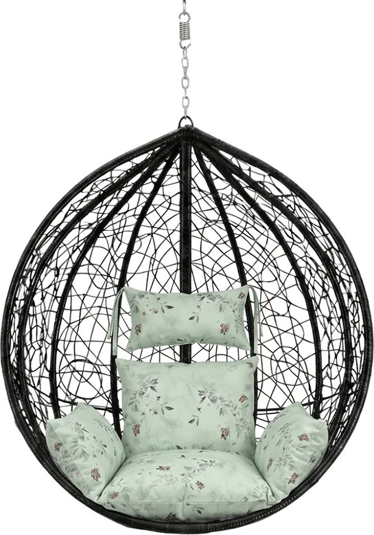 Čierne závesné kreslo KOKON bez stojana, svetlozelený vankúš so vzorom