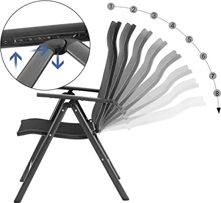 2 ks skladacích záhradných stoličiek s operadlom nastaviteľným v 8 uhloch, nosnosť 150 kg na stoličku, čierne