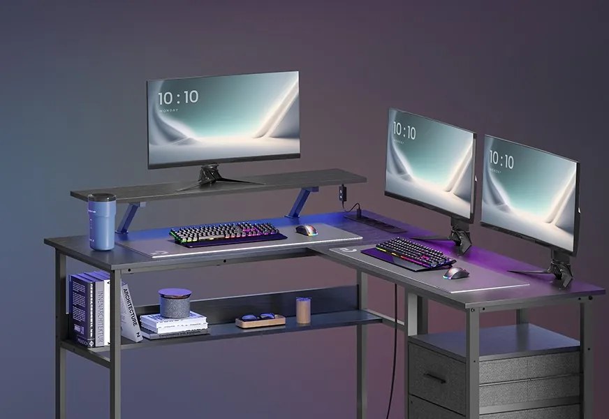 Rohový psací stůl se zásuvkami a LED Vasagle Bora černý