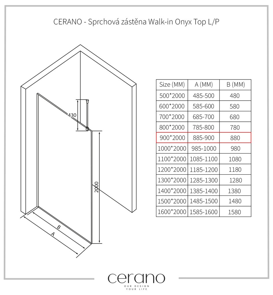 CERANO - Sprchová zástena Walk-in Onyx Top L/P - guľatá vzpera - čierna matná, grafitové sklo - 90x200 cm, CER-CER-8050BD1684