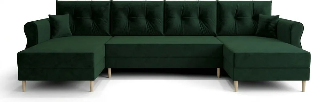 Rozkladacia sedacia súprava do U SILVIANO 300x140 cm, tmavozelená + 2 vankúšiky ZDARMA