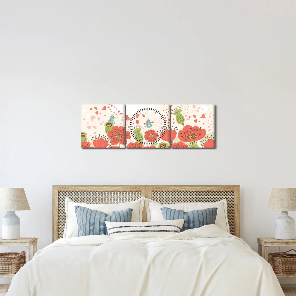 Obraz - Vtáčiky na rozkvitnutej lúke (s hodinami) (90x30 cm)