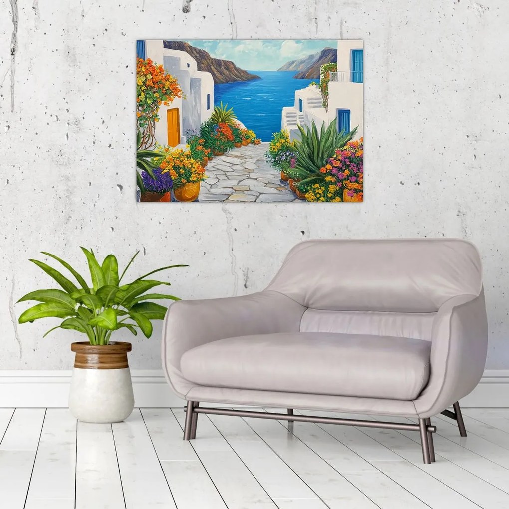 Sklenený obraz - Grécka ulička (70x50 cm)