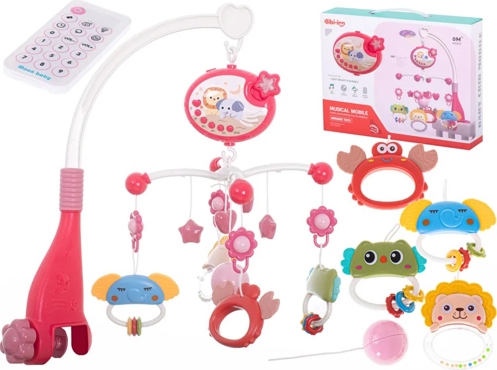 KIK Lullaby Star Design Pink kolotoč do postieľky s projektorom hviezd a diaľkovým ovládaním, ružový