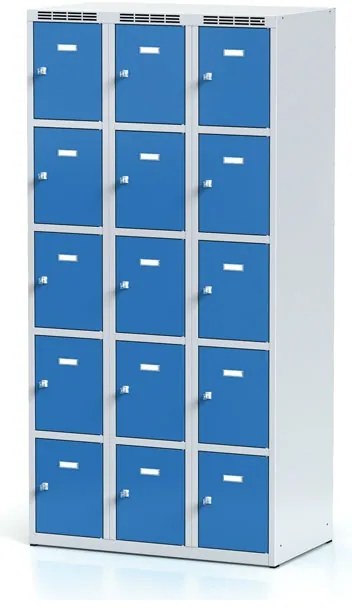 Alfa 3 Šatníková skrinka S6 s úložnými boxami, 15 boxov, 1800 x 900 x 500 mm, otočný zámok, modré dvere