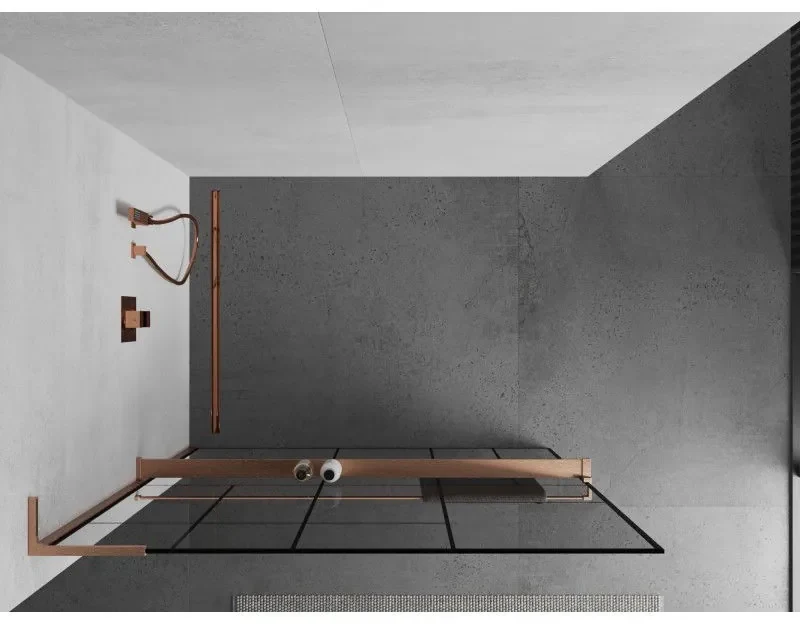 Mexen Kioto+ L, sprchová zástena Walk-In s poličkou a vešiakom 90 x 200 cm, 8mm číre sklo čierny vzor, medený matný profil, 800-090-123-65-78