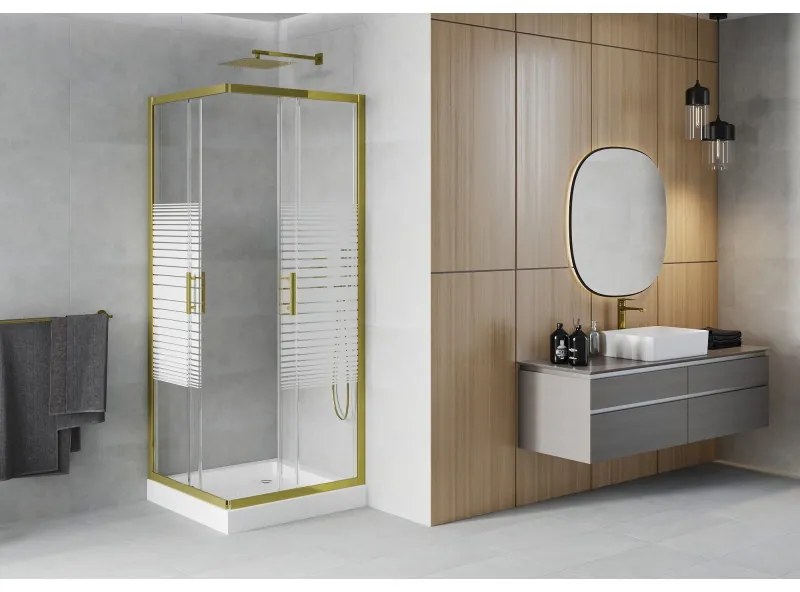 Mexen Rio, štvorcový sprchovací kút s posuvnými dverami 70(dvere) x 70(dvere) x 190 cm, 6mm číre sklo s pásikmi, zlatý profil + biela sprchová vanička RIO, 860-070-070-50-20-4510