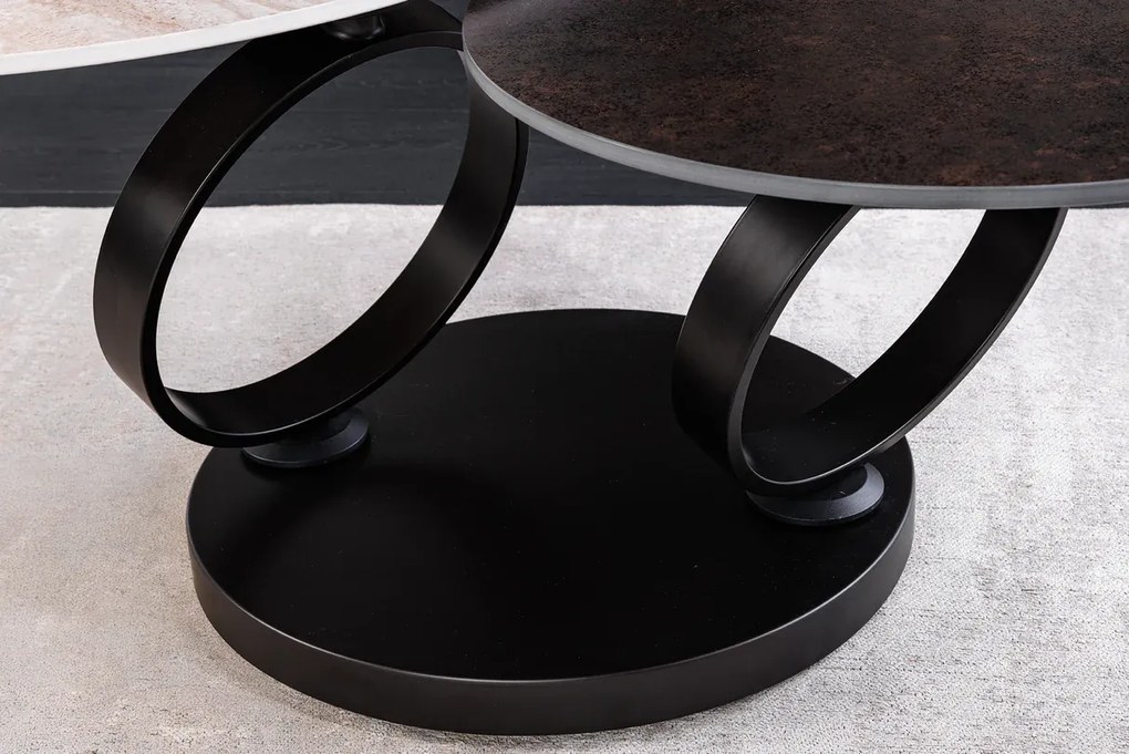 Konferenčný stolík DANCING RINGS 80-135 cm otočný keramický vrch s prírodným travertínom a hrdzavým vzhľadom