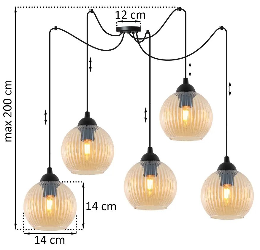 Závesné svietidlo Riffle Round Spider, 5x medové sklenené tienidlo