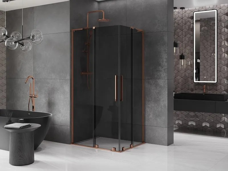 Mexen Velar L Duo, sprchový kút s posuvnými dverami 90 x 80 cm, 8mm šedé sklo, ružové zlato, 871-090-080-02-43-60