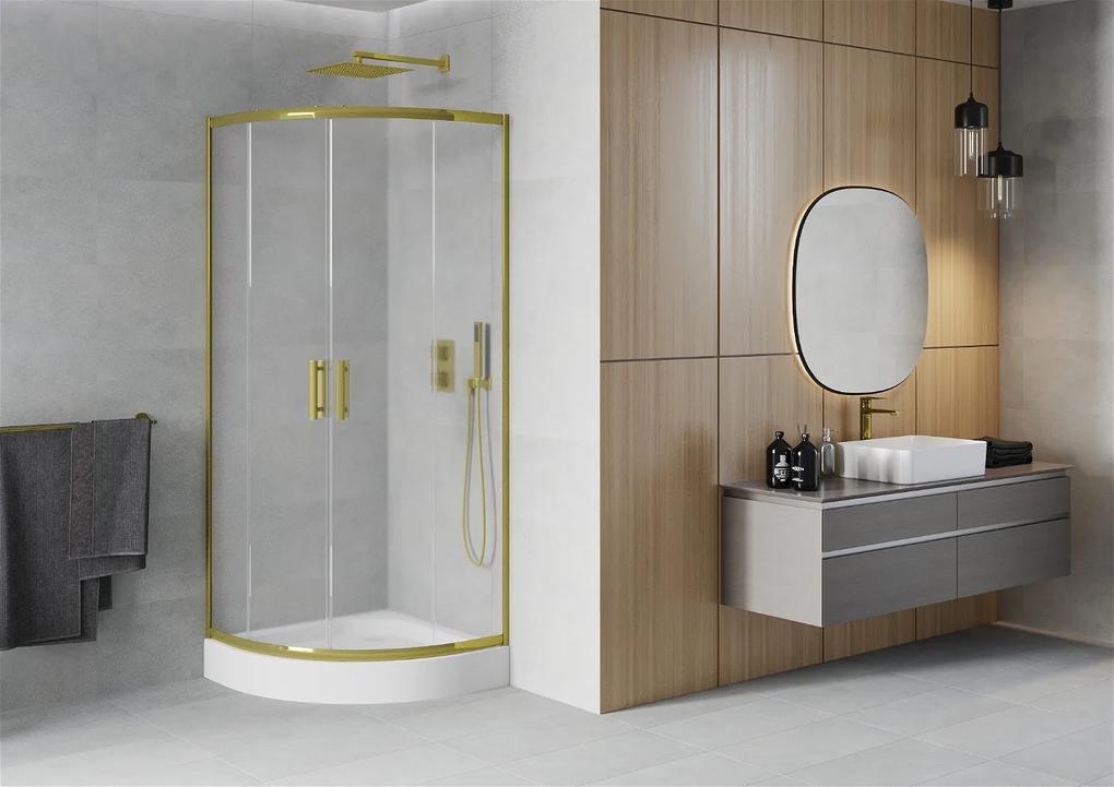 Mexen Rio, štvrťkruhový sprchovací kút s posuvnými dverami 80 (dvere) x 80 (dvere) x 190 cm, 5mm sklo námraza, zlatý profil + biela sprchová vanička RIO, 863-080-080-50-30-4710