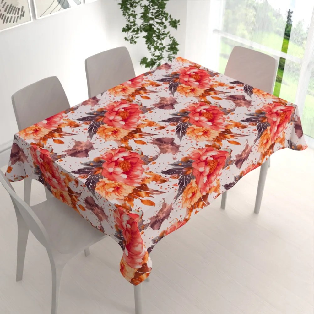 Biante Bavlnený obdĺžnikový obrus Sandra SA-600 Veľké červeno-ružovo-oranžové kvety pivonky na bielom 80x120 cm