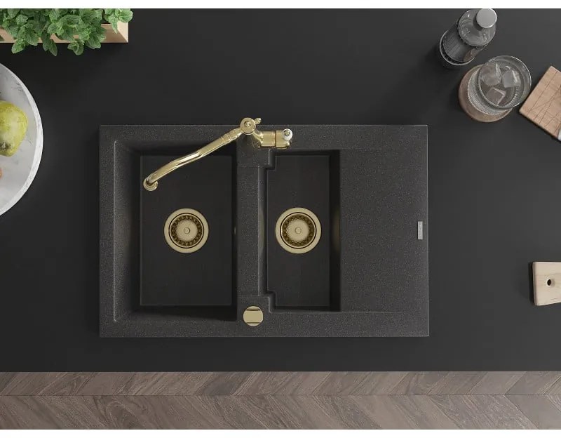 Mexen Gaspar, granitový drez 752x436x161 mm, 1,5-komorový a drezová batéria Carla, čierna škvrnitá, 6507-76-670700-50