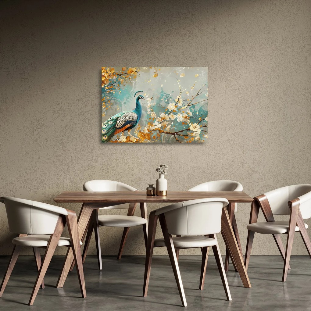 Sklenený obraz - Páv so zlatým dekorom (70x50 cm)