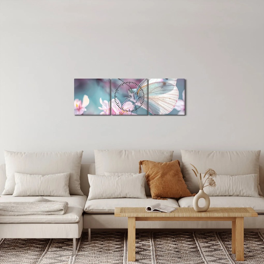 Obraz - Motýľ na čerešni (s hodinami) (90x30 cm)