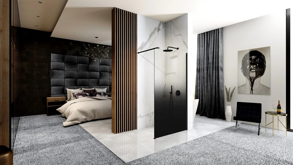 Rea Aero Ombre, sprchová zástena Walk-In 100x195 cm, 8mm číre sklo s čiernym vzorom, čierny matný profil, REA-K2460