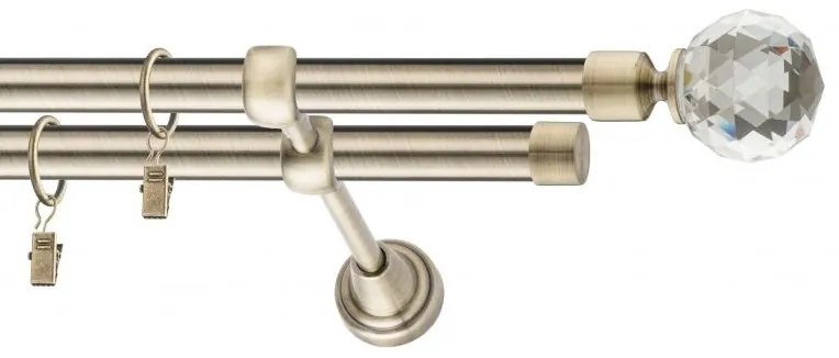 Dekorstudio Mosadzná dvojradová garniža CRYSTAL 19mm Dĺžka: 180cm, Typ uchytenia: Držiak dvojitý modern, Typ príslušenstva: Krúžky tiché so štipcami