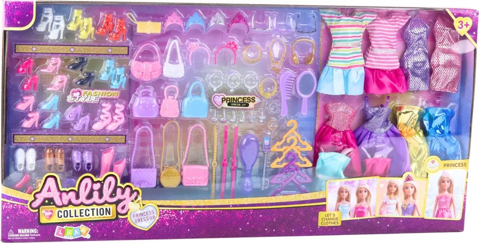 LEAN Toys Veľká módna súprava Anlily – šaty a doplnky pre bábiky, 65 ks