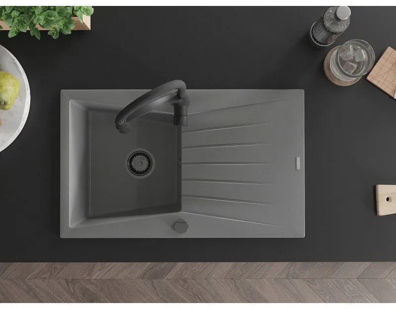 Mexen Cesar, 1-komorový granitový drez 775x470x190 mm a drezová batéria Aster, šedá, 6514-71-73450-70-B