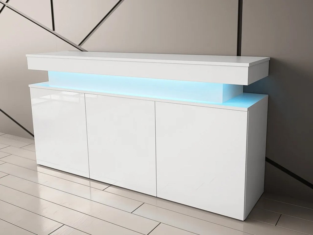 Komoda s LED osvetlením Lestirola 3D 160, Farba: biela / biely lesk
