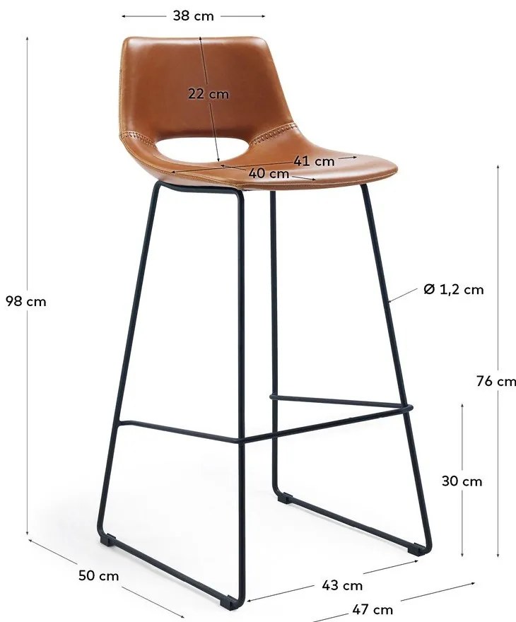 Koňakovohnedá barová stolička z imitácie kože (výška sedadla 76 cm) Zahara – Kave Home