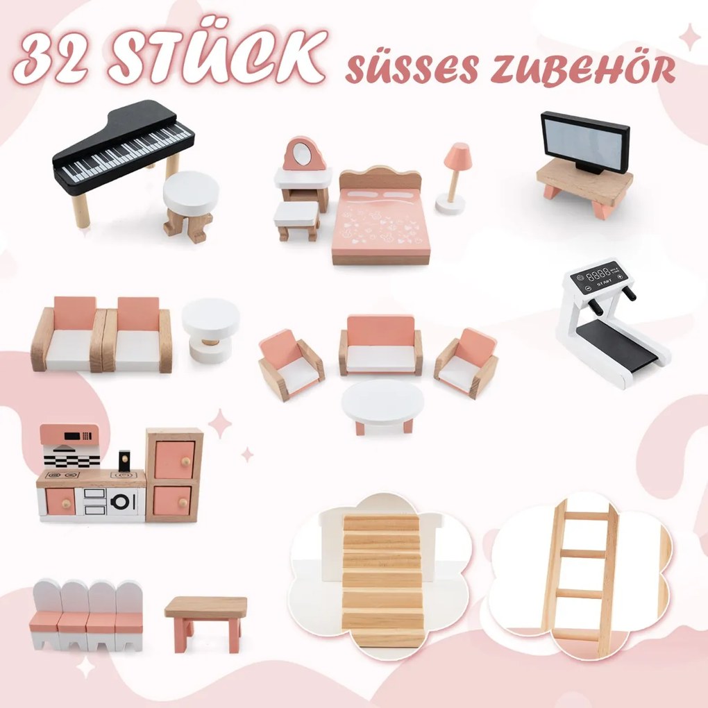 Detský drevený domček pre bábiky s 32 realistickými nábytkovými doplnkami a strechami Dom snov pre domácich majstrov