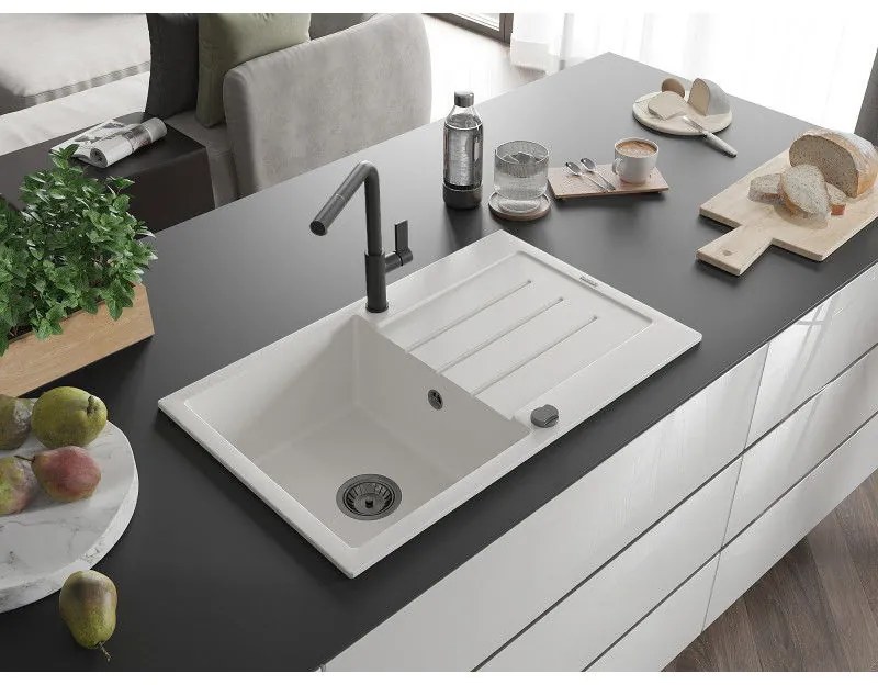 Mexen Bruno, 1-komorový granitový drez 795x495x200 mm a drezová batéria Flora, biela, 6513-20-670401-70-B
