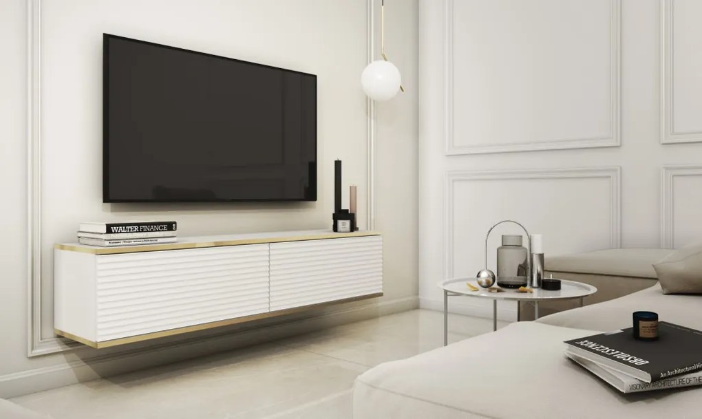 Závesná TV skrinka Orfeo, 135 cm, biela štruktúra/zlatá