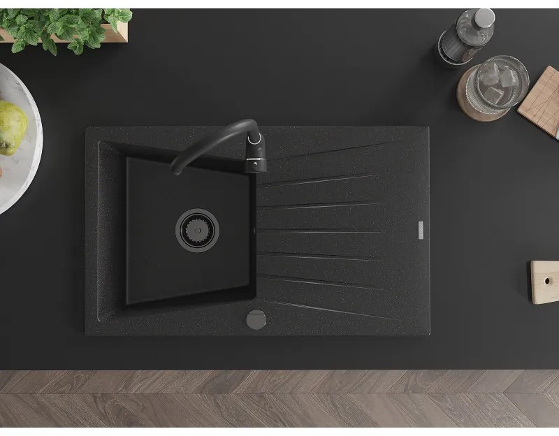 Mexen Cesar, granitový drez 775x470x190 mm, 1-komorový, čierna-strieborná metalíza s čiernym sifónom a čierna drezová batéria Telma, 6514-73-670200-70-B