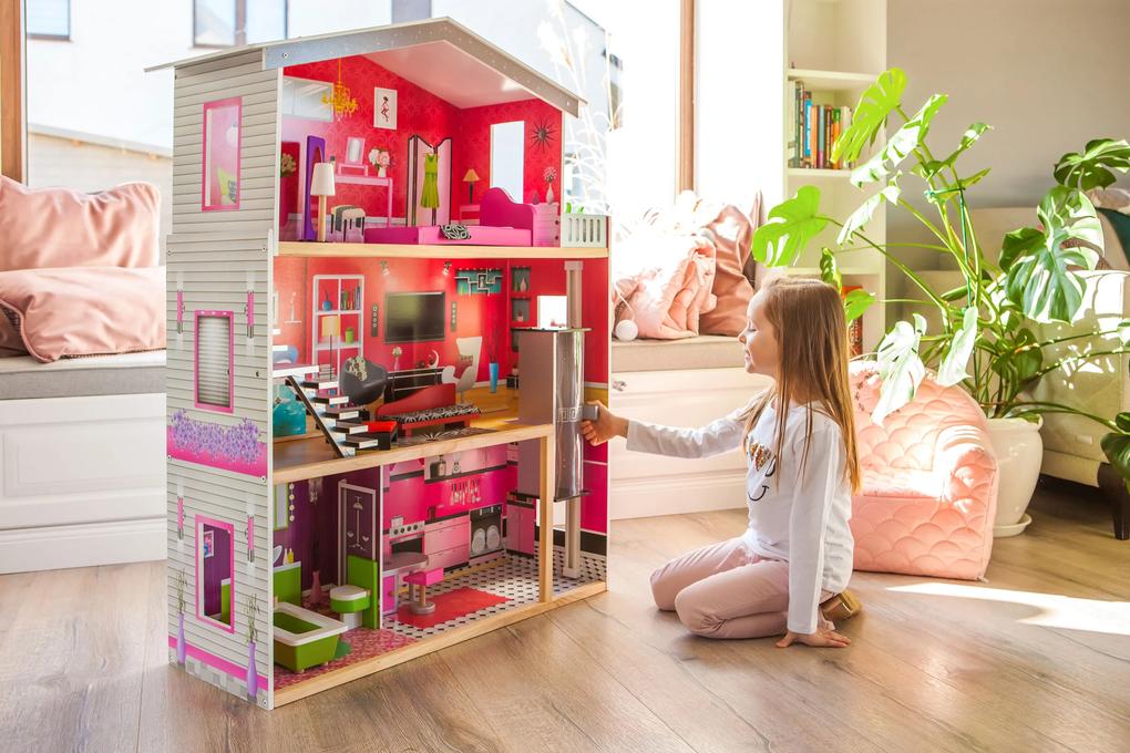 EcoToys Veľký drevený domček pre bábiky s výťahom - Malibu Residence
