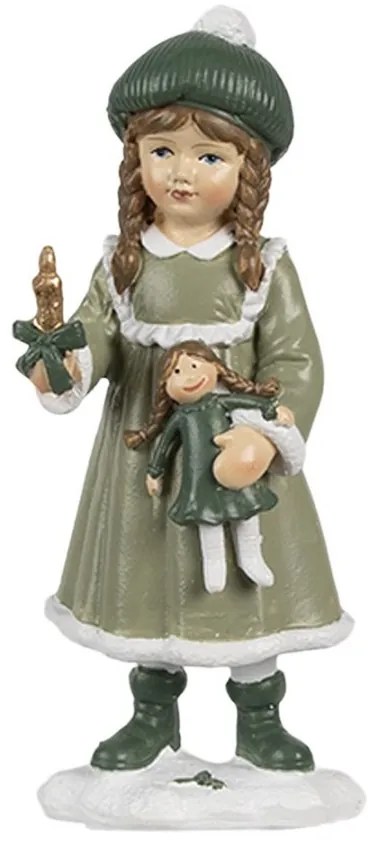 Zelená dekorácia dievčatko so sviečkou a bábikou - 5*5*13 cm