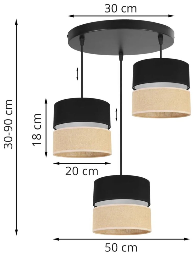 Závesné svietidlo Juta, 3x jutové/čierne textilné tienidlo, o, b