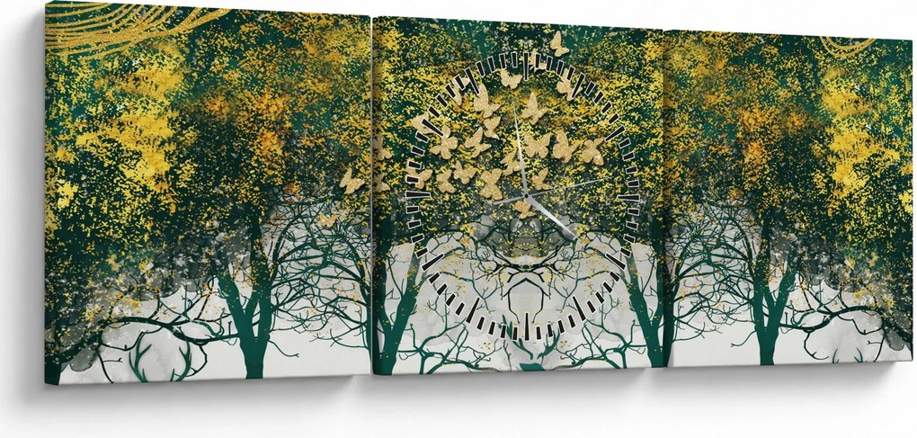 Obraz - Jelene v zelenom lese (s hodinami) (90x30 cm)