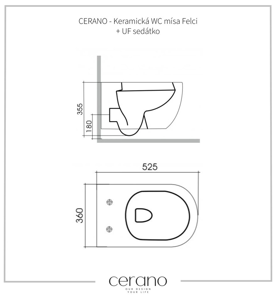 Cerano Felci, závesná WC misa Rimless 525x360x355 mm + UF toaletné sedátko, biela lesklá, CER-CER-417377