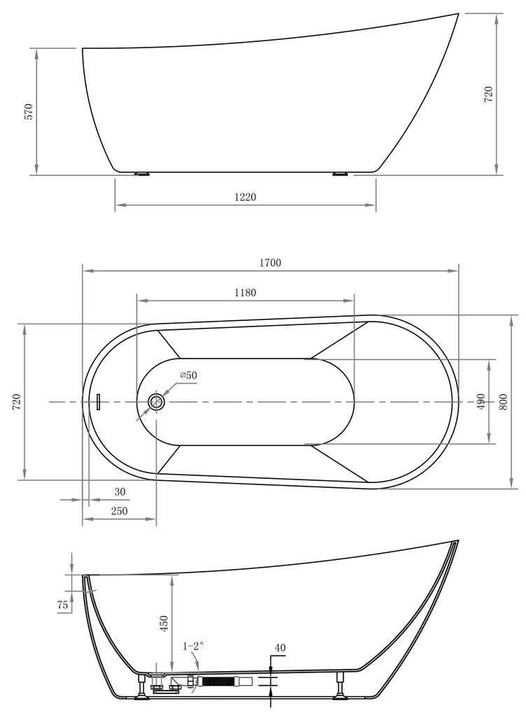 Aqualine Aqualine, TISA voľne stojaca vaňa 170x80 cm, biela, E1780