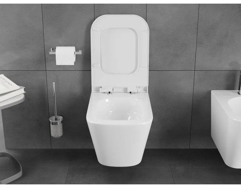 Mexen Teo, závesná WC misa 510x345x340 mm, Rimless Tornádo + WC sedadlo z duroplastu, biela lesklá, 30850700T