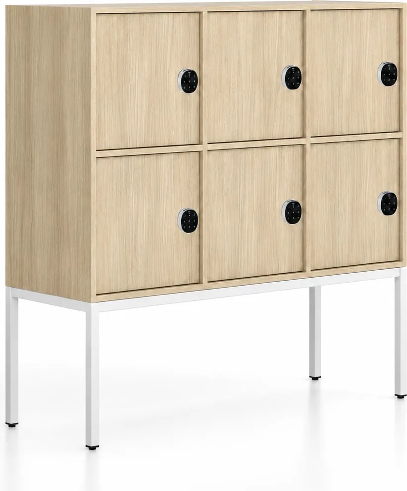 Kancelárska skriňa FRAME, nízka, biela podnož, 6x dvere, 1299 x 450 x 1331 mm, kódový zámok, dub prírodný
