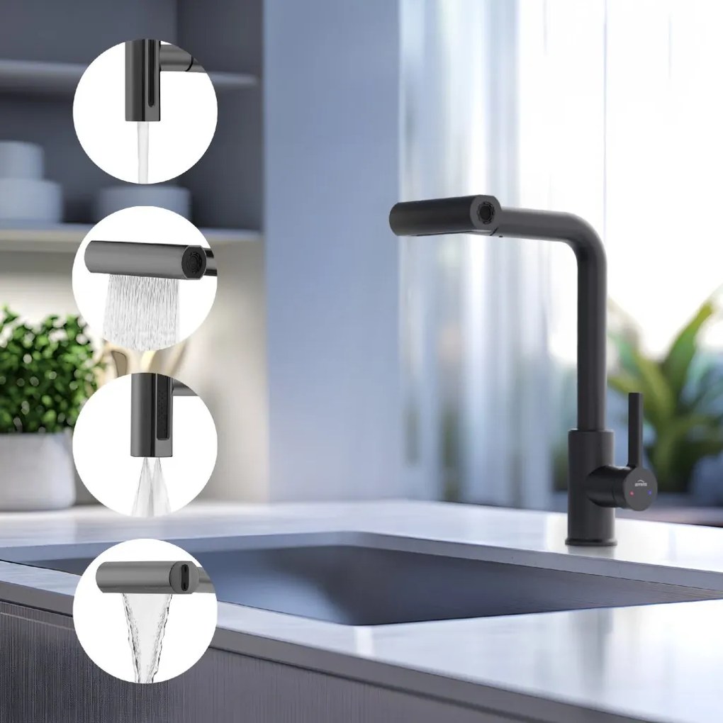 Invena Nelia, vysoká drezová batéria, 4-funkčný výtok, čierna matná, INV-BZ-34-004-A