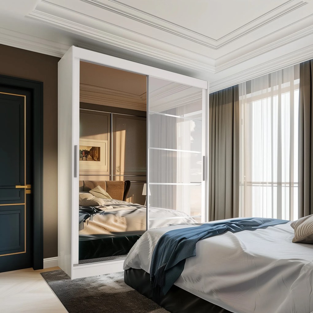 Šatníková skriňa 158 cm Belini biely mat / biely lesk s posuvnými dverami zrkadlom a zásuvkami  MGB SZP7/0/W/1L5W/KLAL