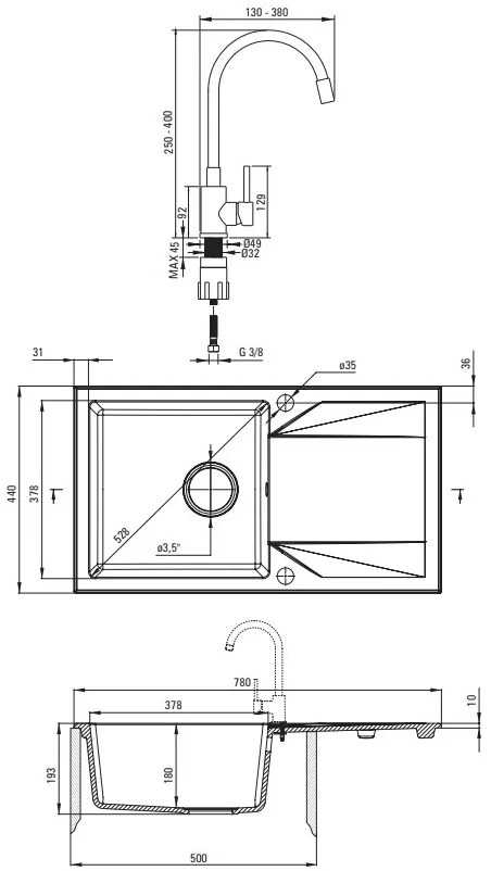 Deante Evora, 1-komorový granitový drez s odkvapkávačom 780x440x193 mm a kuchynská batéria Luno s flexibilným ramenom, čierna, DEA-ZQJJN113
