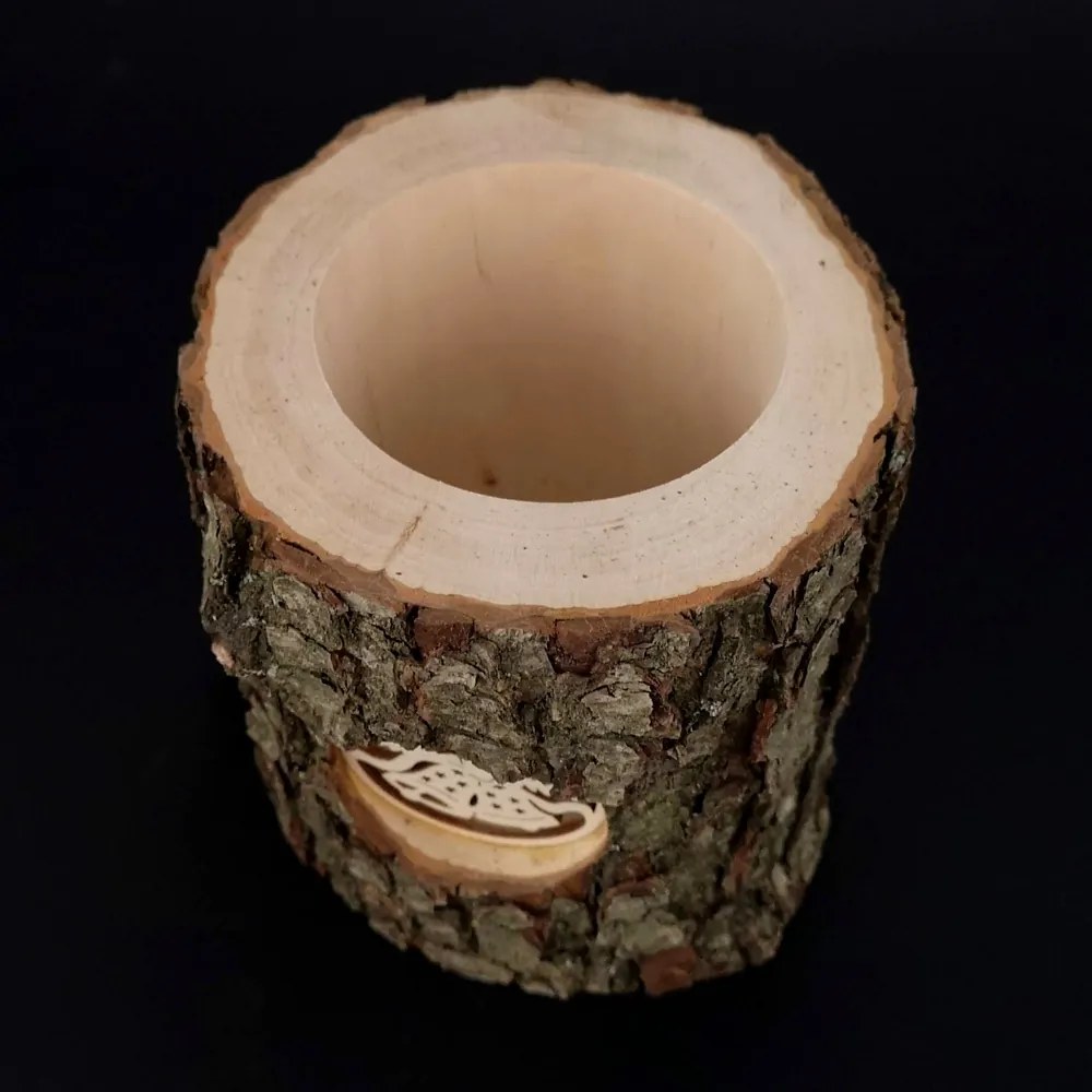 AMADEA Svietnik z kôrového kmeňa s vkladom - zvončeky, masívne drevo, výška 12 cm