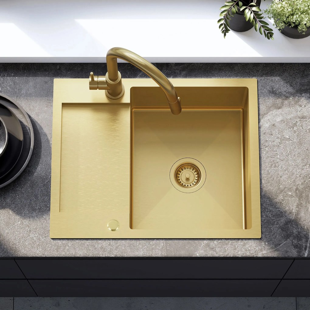Rea Paul, 1-komorový oceľový drez 600x480x185 mm, zlatá matná, ZLE-06010