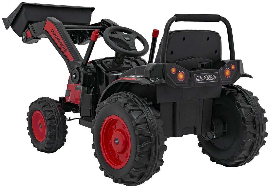 Červený detský elektrický traktorový bager 12V s diaľkovým ovládaním, pohyblivým ramenom a FM rádiom
