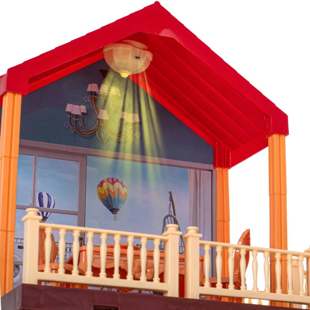 KIK KX5139 Domeček pro panenky willa červená střecha osvětlení + nábytek a panenky AKCE
