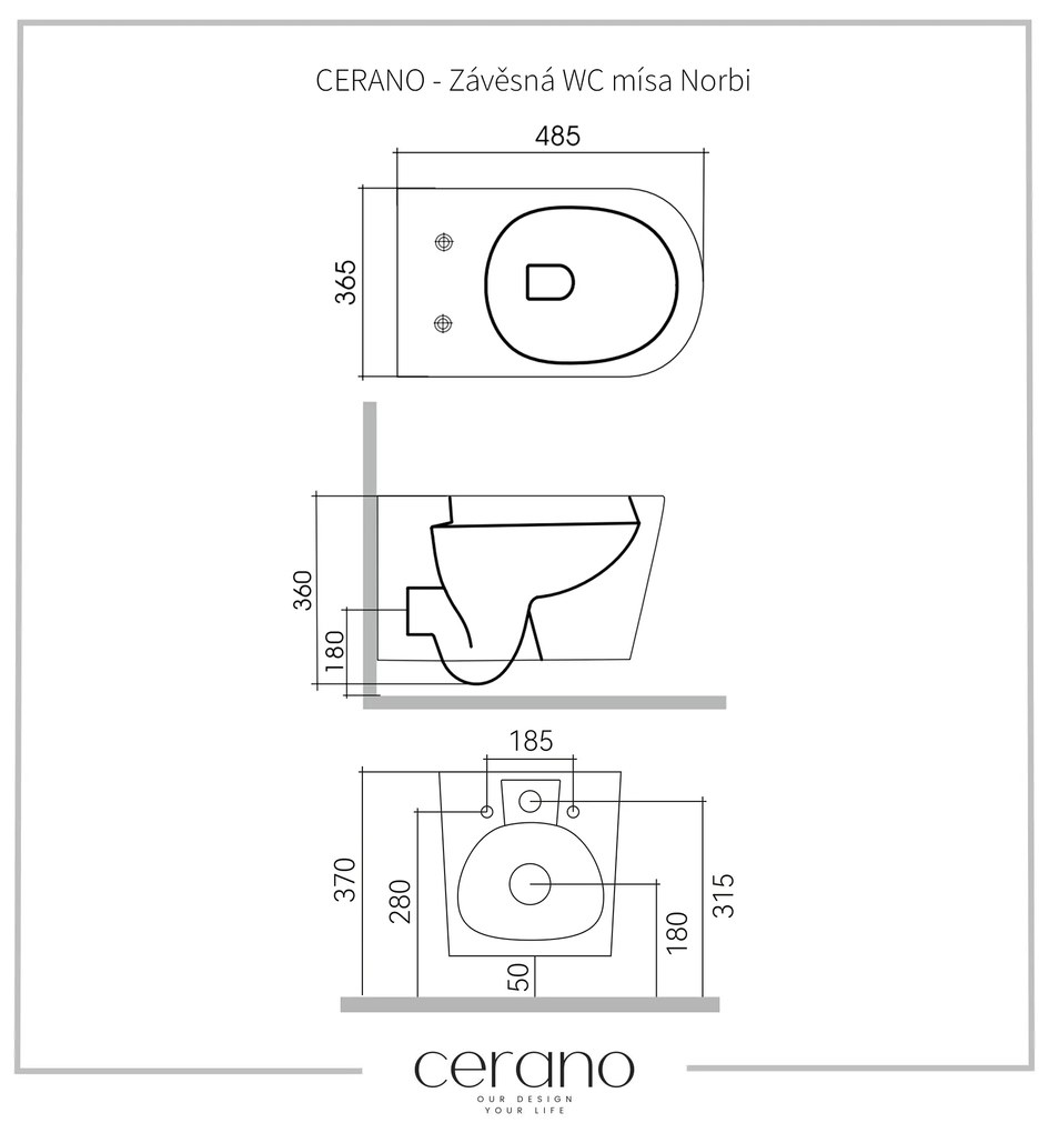 Cerano Norbi, závesná WC misa Rimless 485x365x360 mm + UF toaletné sedátko, biela lesklá, CER-CER-417380