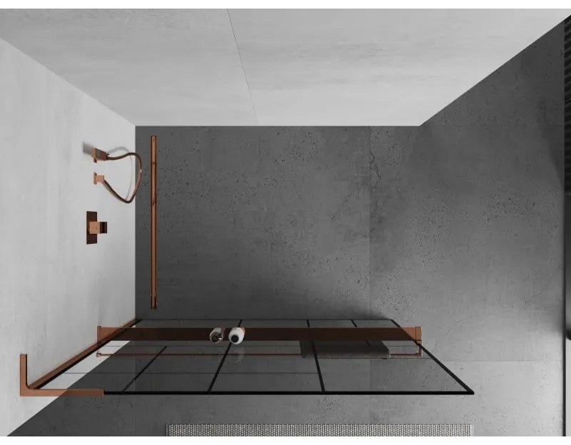 Mexen Kioto+ L, sprchová zástena Walk-In s poličkou a vešiakom 110 x 200 cm, 8mm číre sklo čierny vzor, ružové zlato profil, 800-110-123-60-78