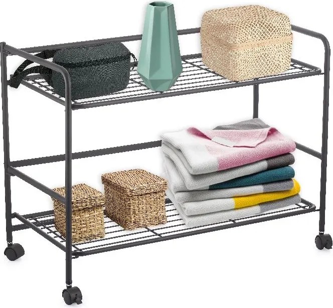 CONFORTIME 2. akosť - Pojazdný regál, skladacia polica 2 poschodová XXL - 67 x 30 x 45 cm, čierna